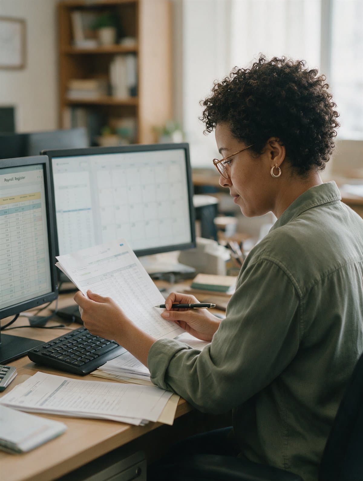 A payroll specialist checking a payroll register