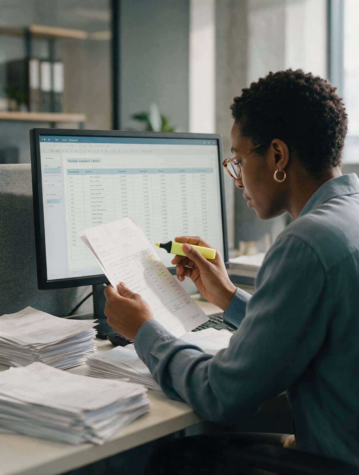 An accounts payable specialist matching invoices against a ledger
