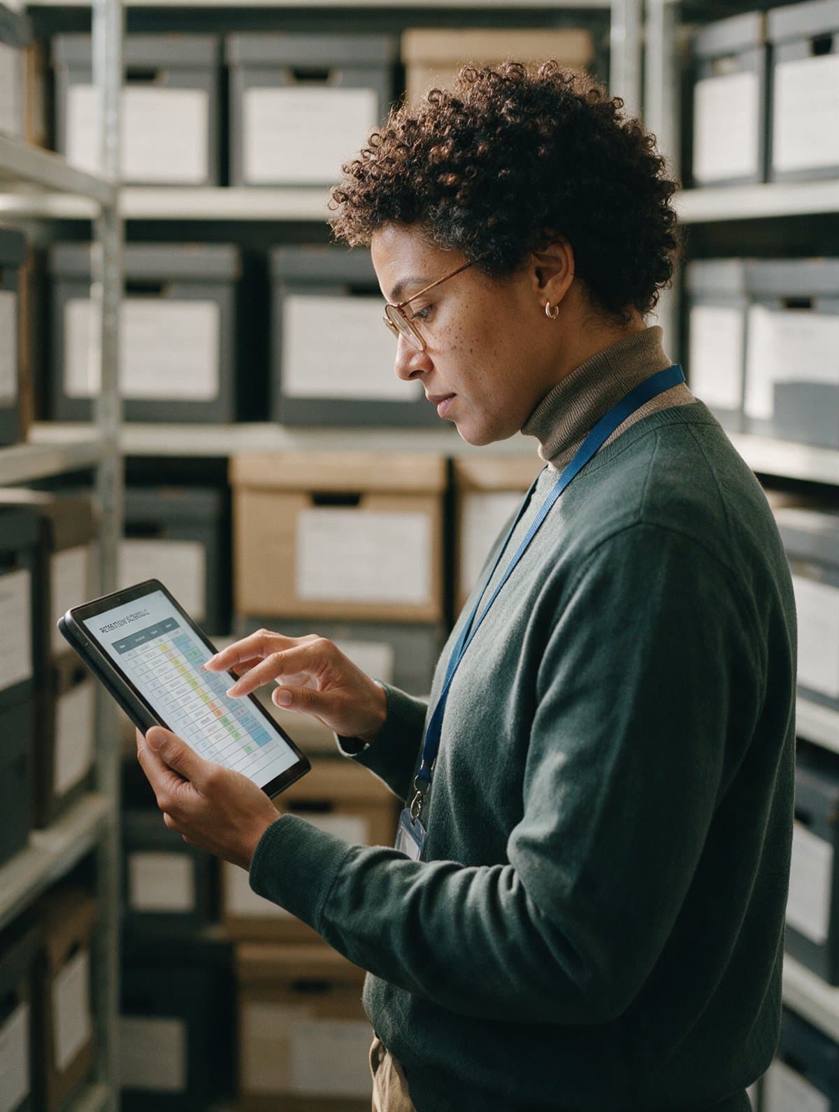 A compliance officer checking records in an archive room