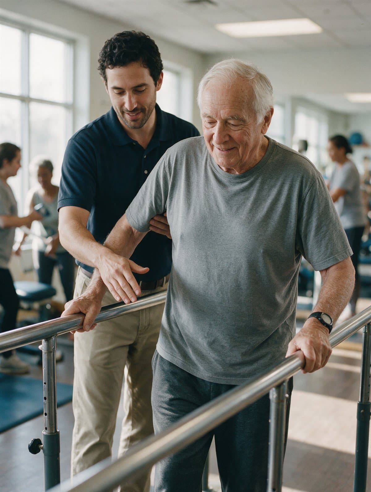 A physical therapist guiding a patient through a walking exercise