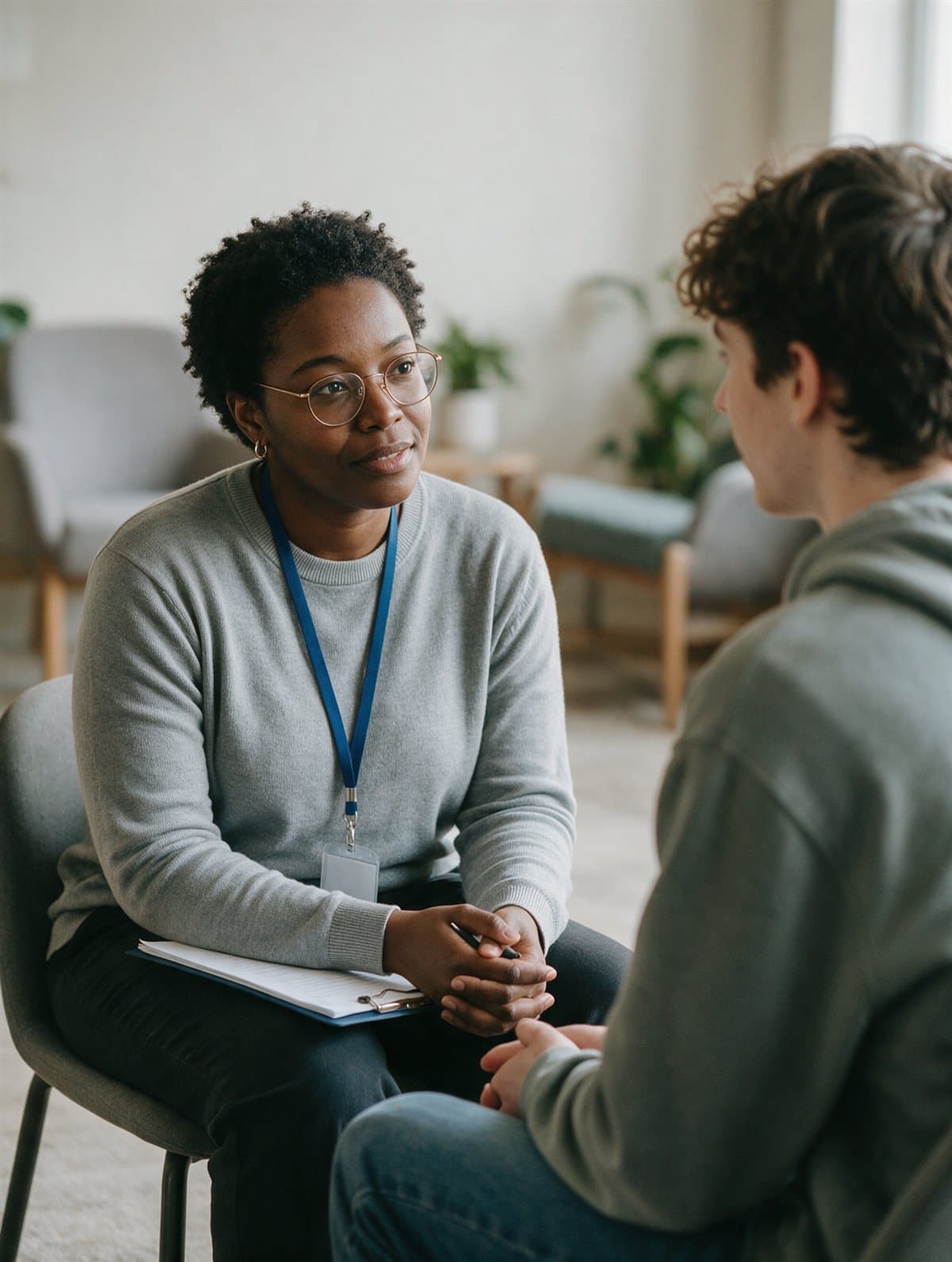 A behavioural health support worker listening in a counselling room