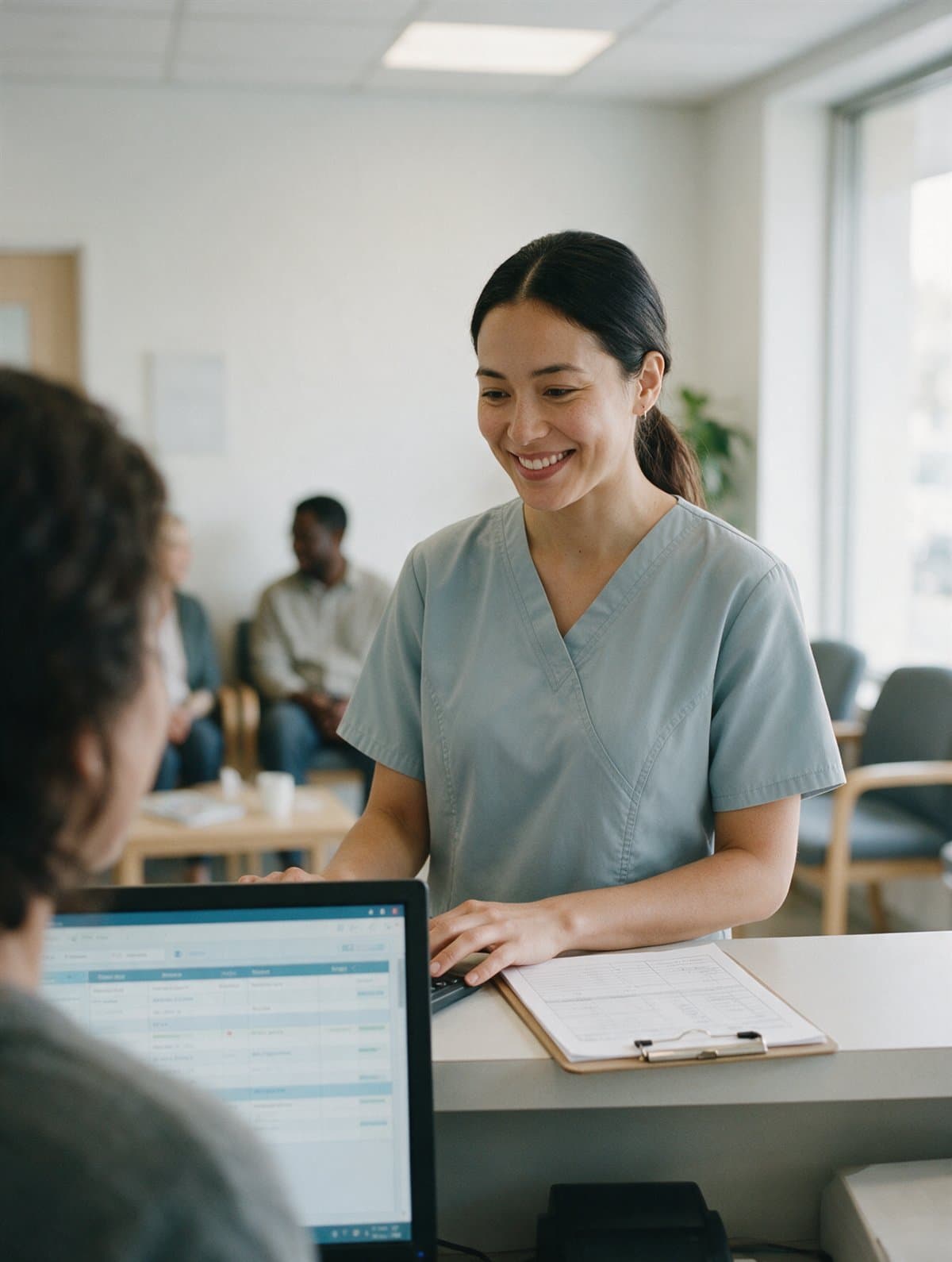 A medical office coordinator checking in a patient at a clinic front desk