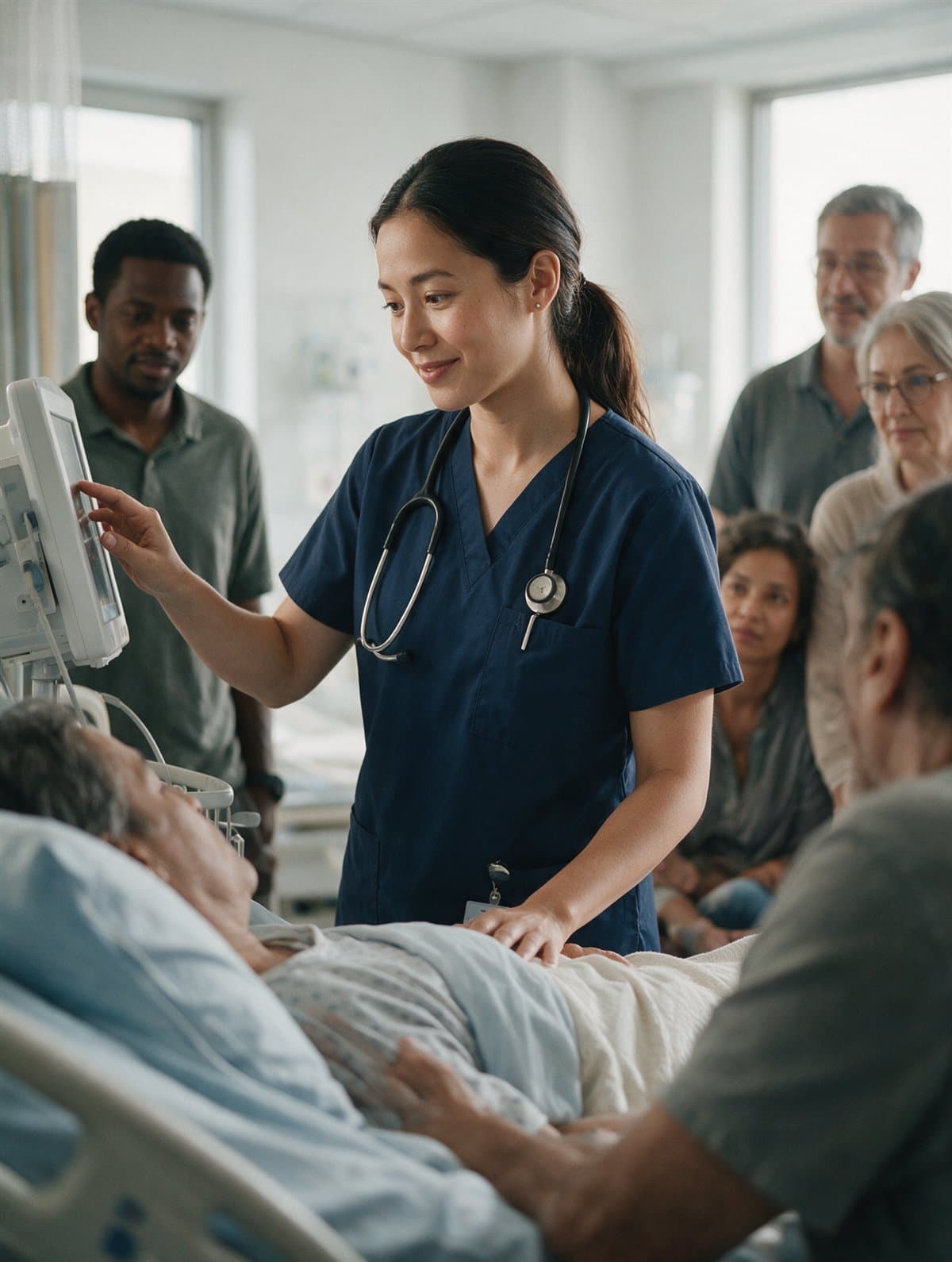 A nurse checking a monitor at a patient bedside