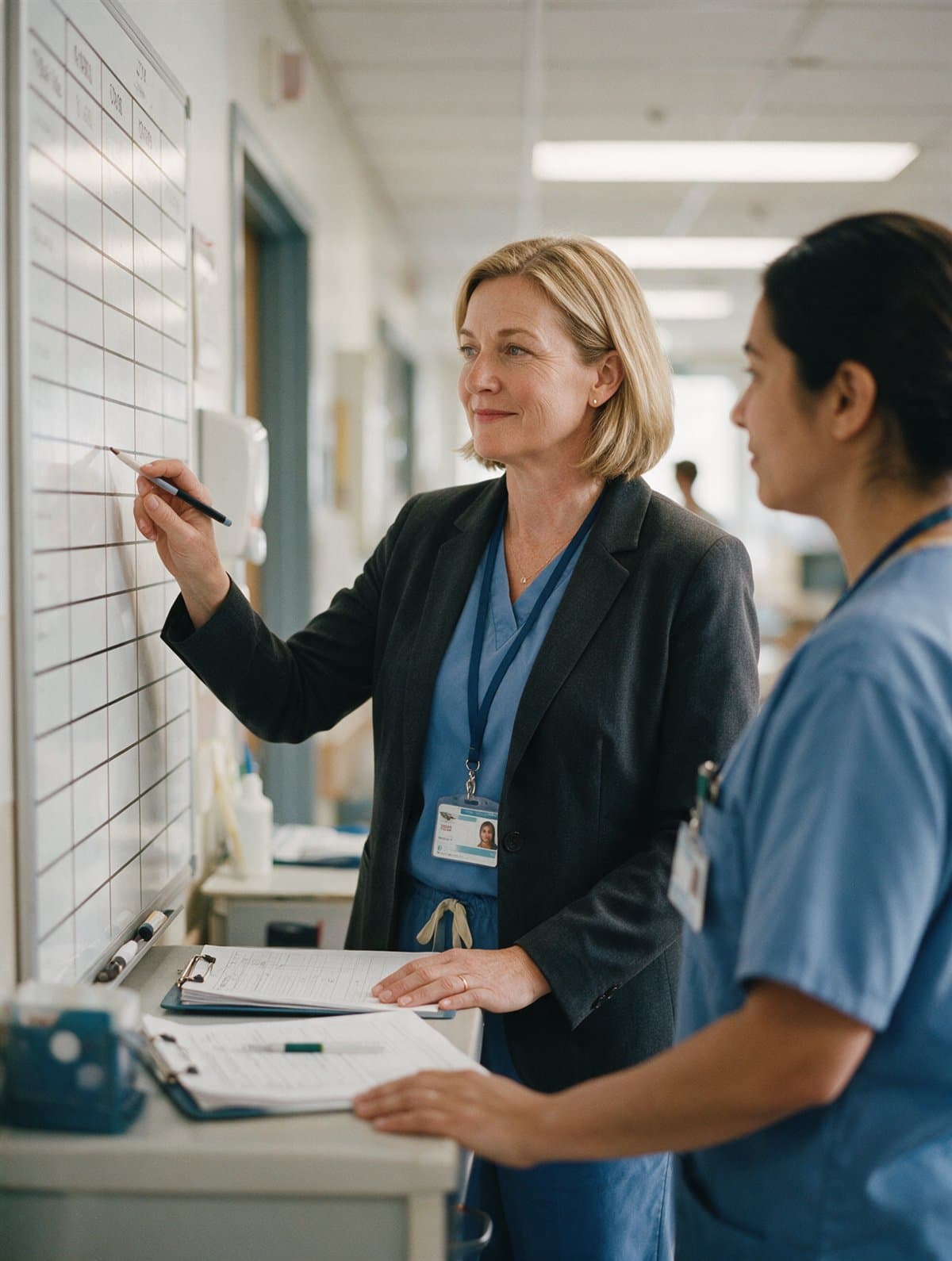 A nurse manager reviewing a staffing board with a charge nurse