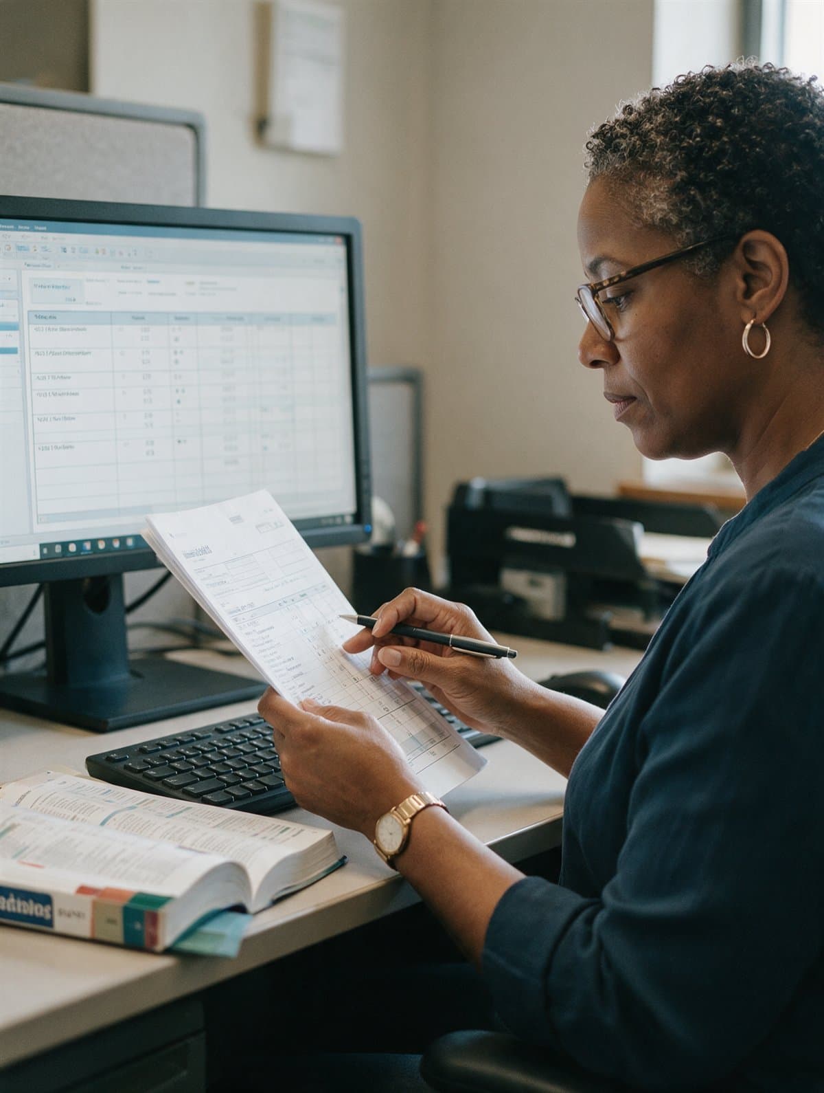 A medical billing specialist reviewing a claim