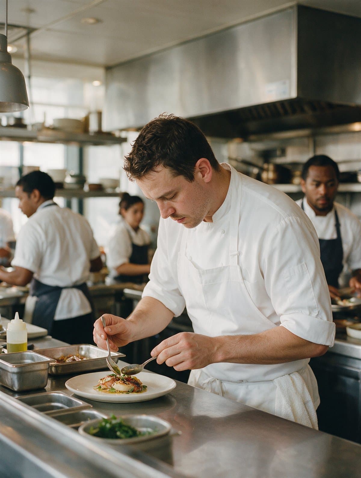 A line cook plating a dish at the pass