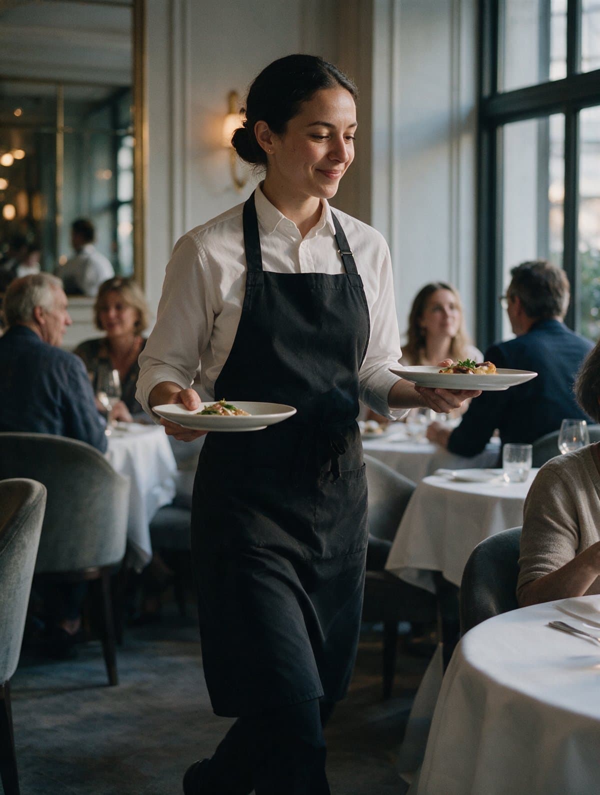 A server carrying plates through a restaurant dining room