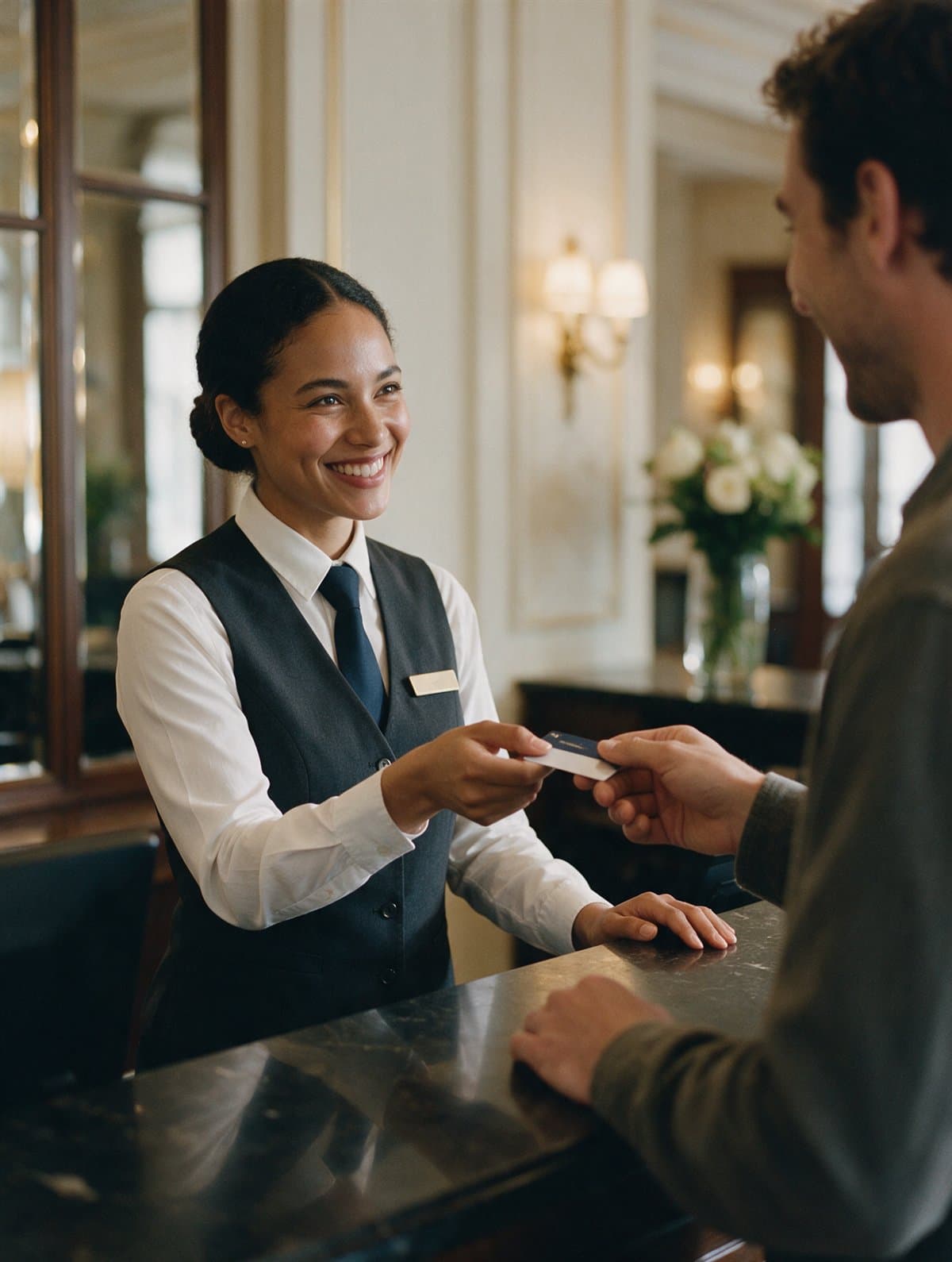 A hotel front desk agent handing a guest a key card
