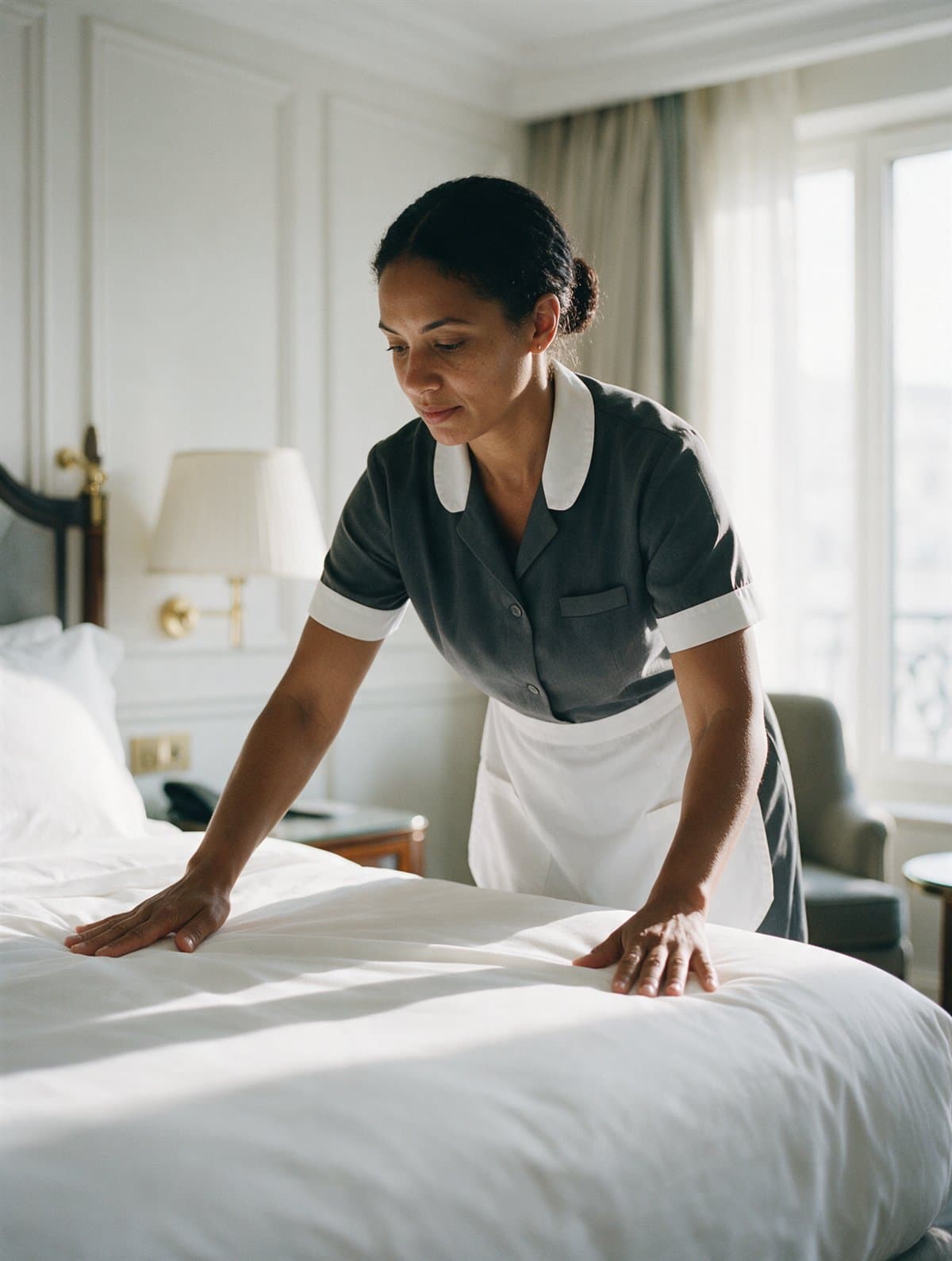 A housekeeping attendant making a bed in a bright hotel room