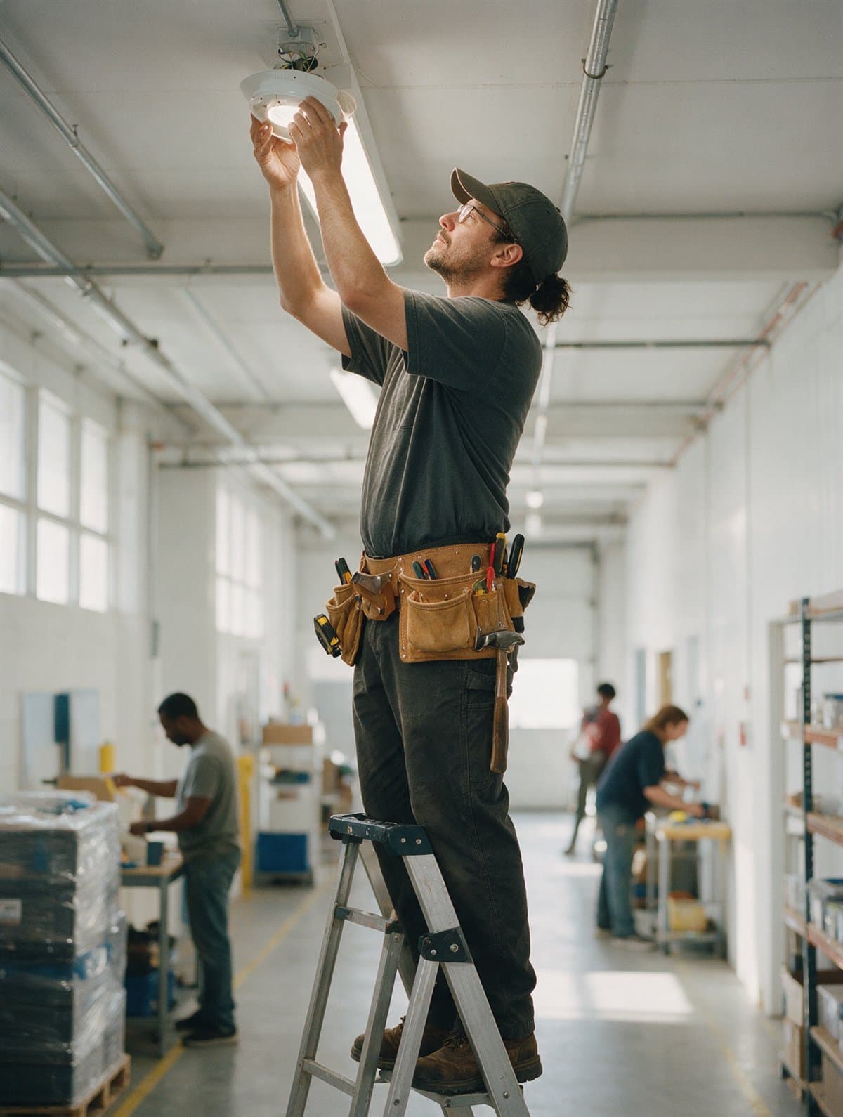 A facilities technician replacing a light fitting