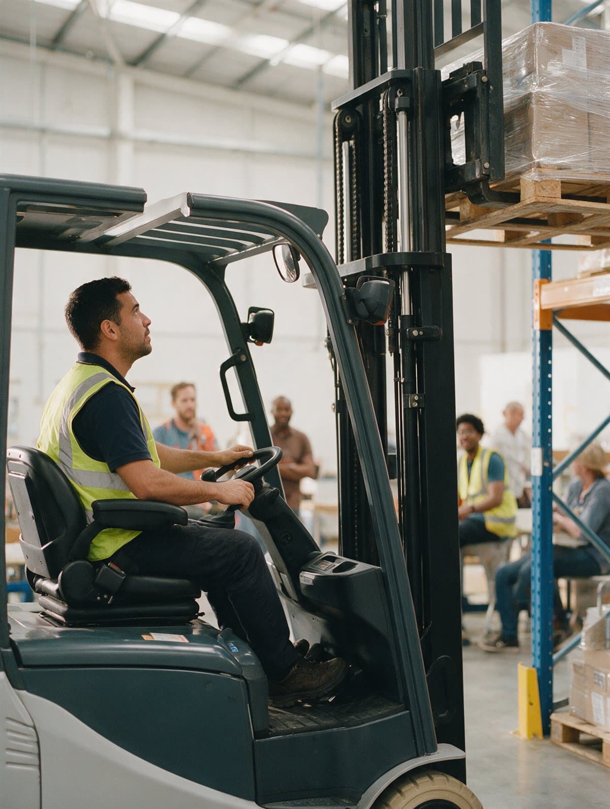 A forklift operator placing a pallet onto racking