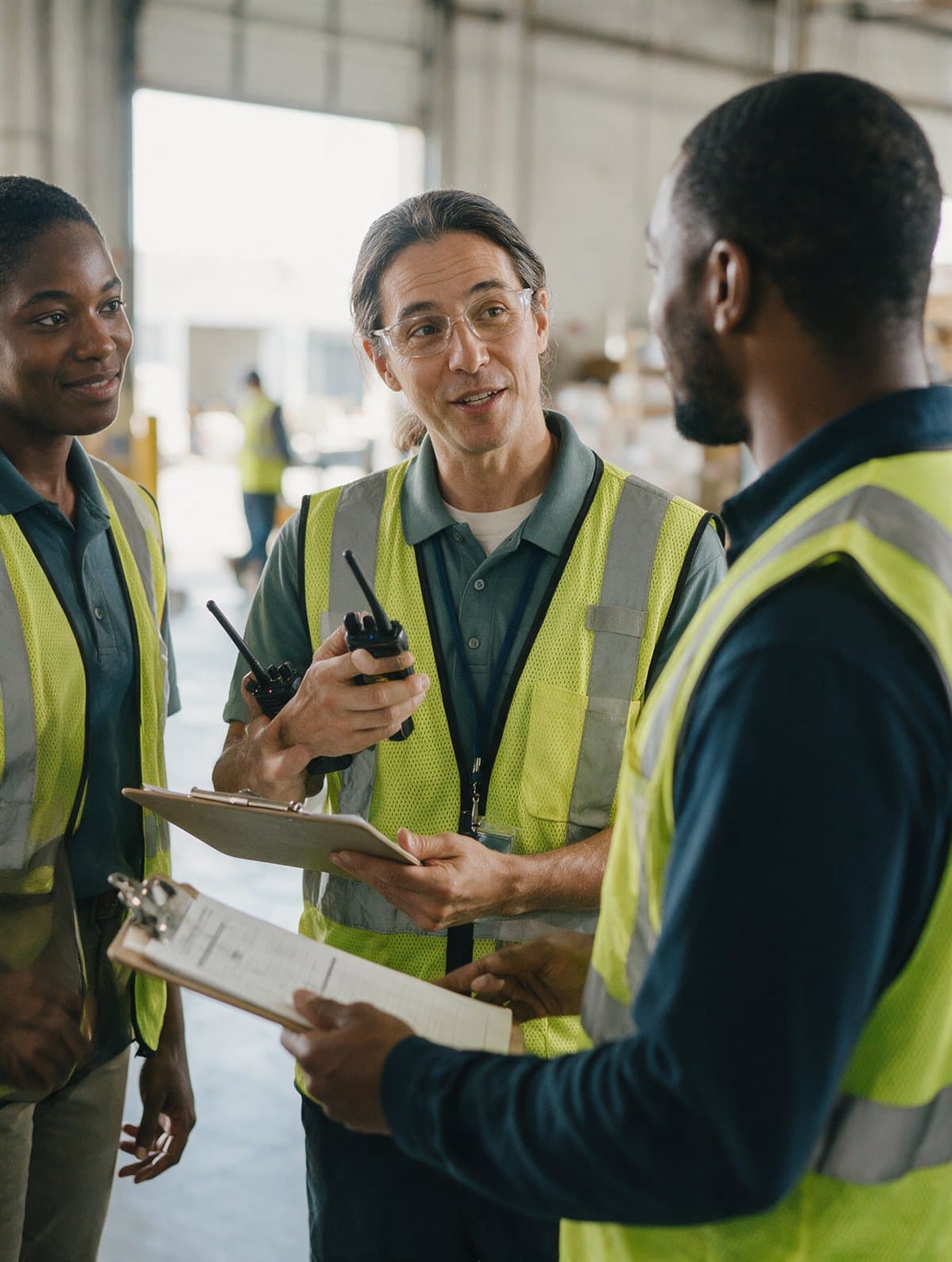 A shift supervisor briefing two associates at shift start