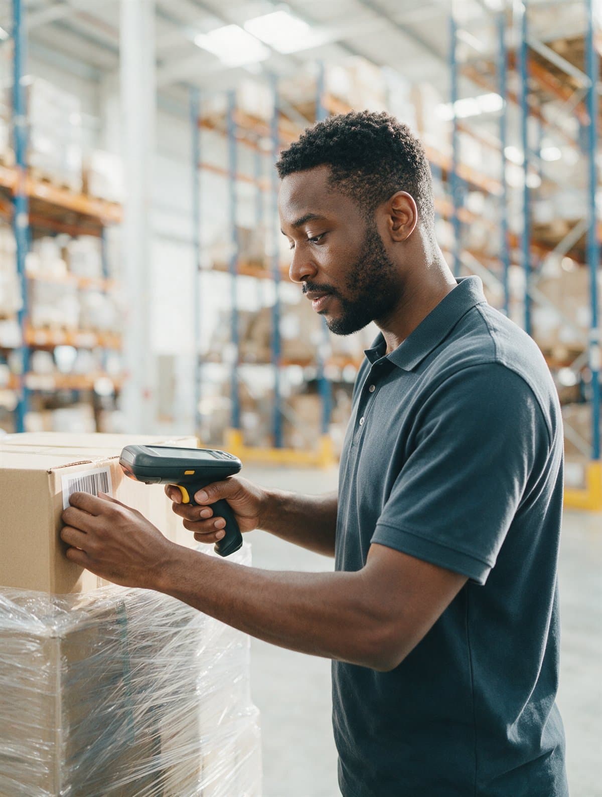 A warehouse associate scanning a pallet in a distribution centre