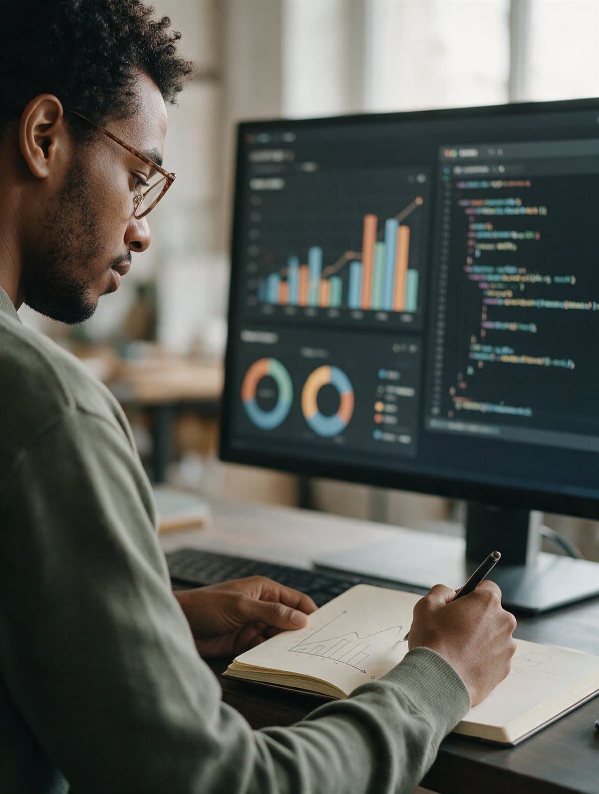 A data analyst working between a dashboard and a notebook
