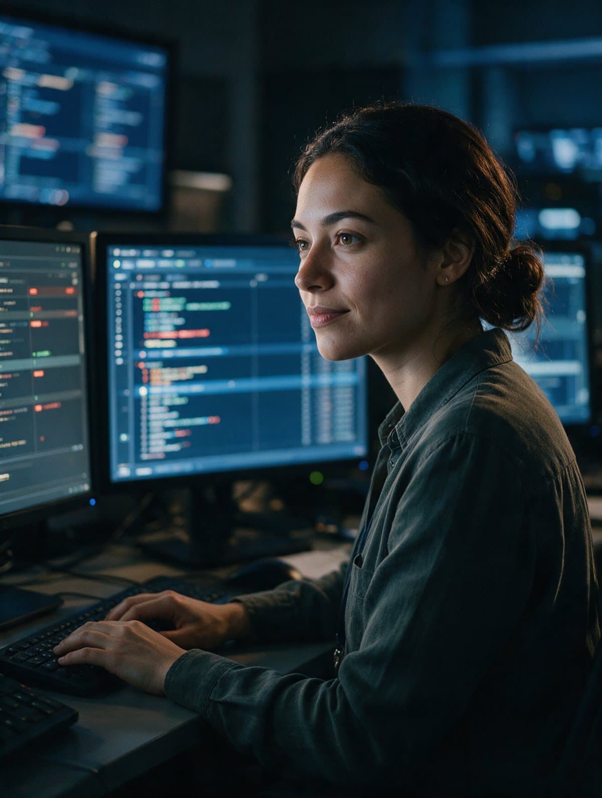 A cybersecurity analyst monitoring alerts across three screens