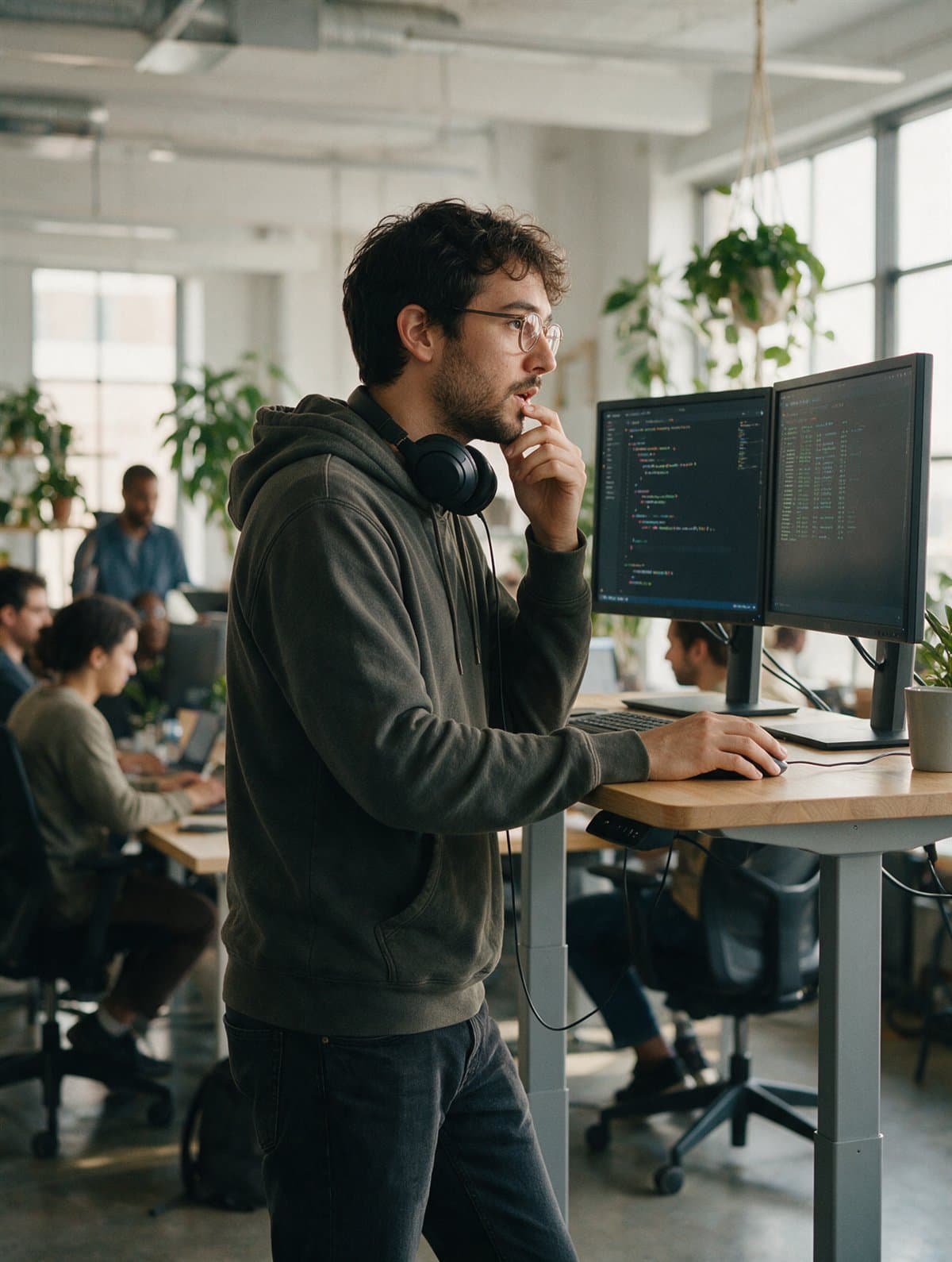 A software engineer working across two monitors of code
