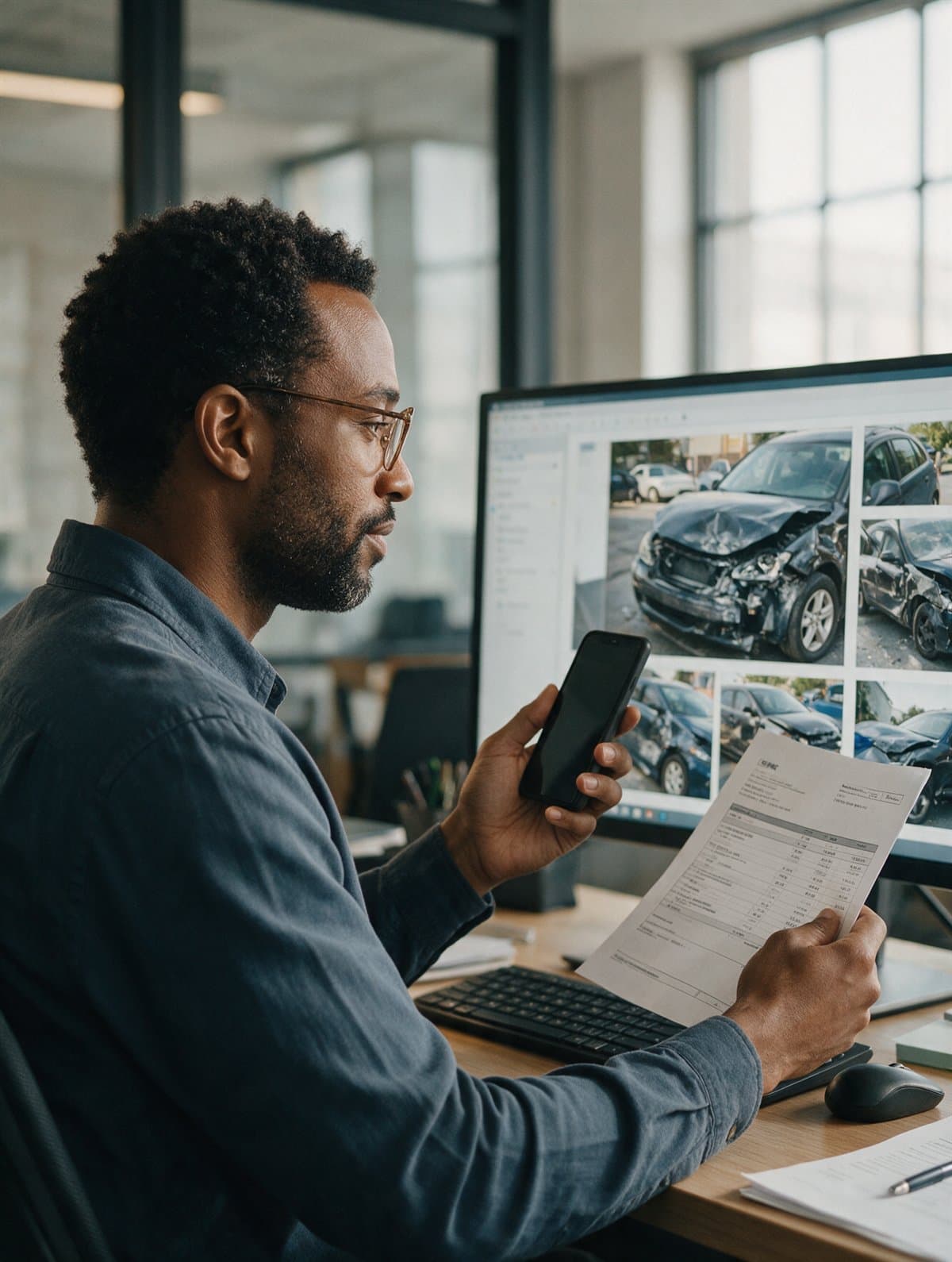 A claims adjuster reviewing damage photographs and an estimate