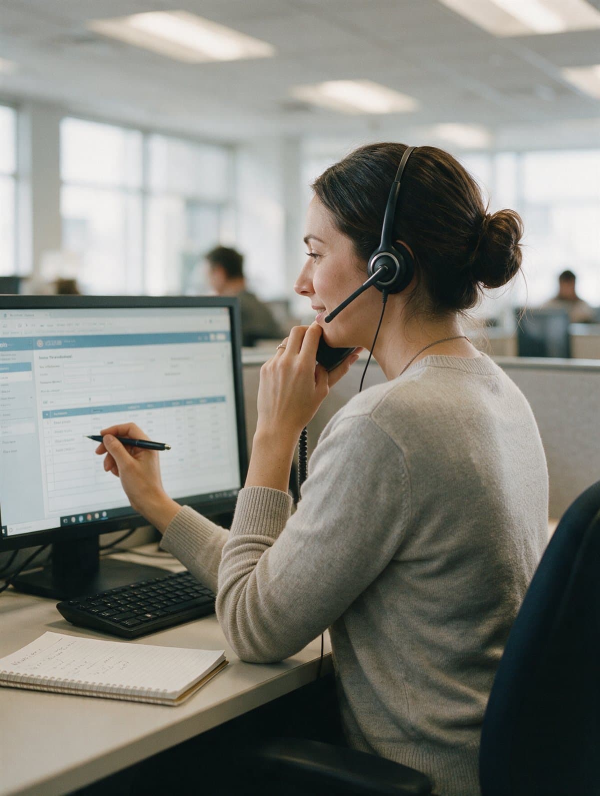 A policy servicing specialist updating a record during a call