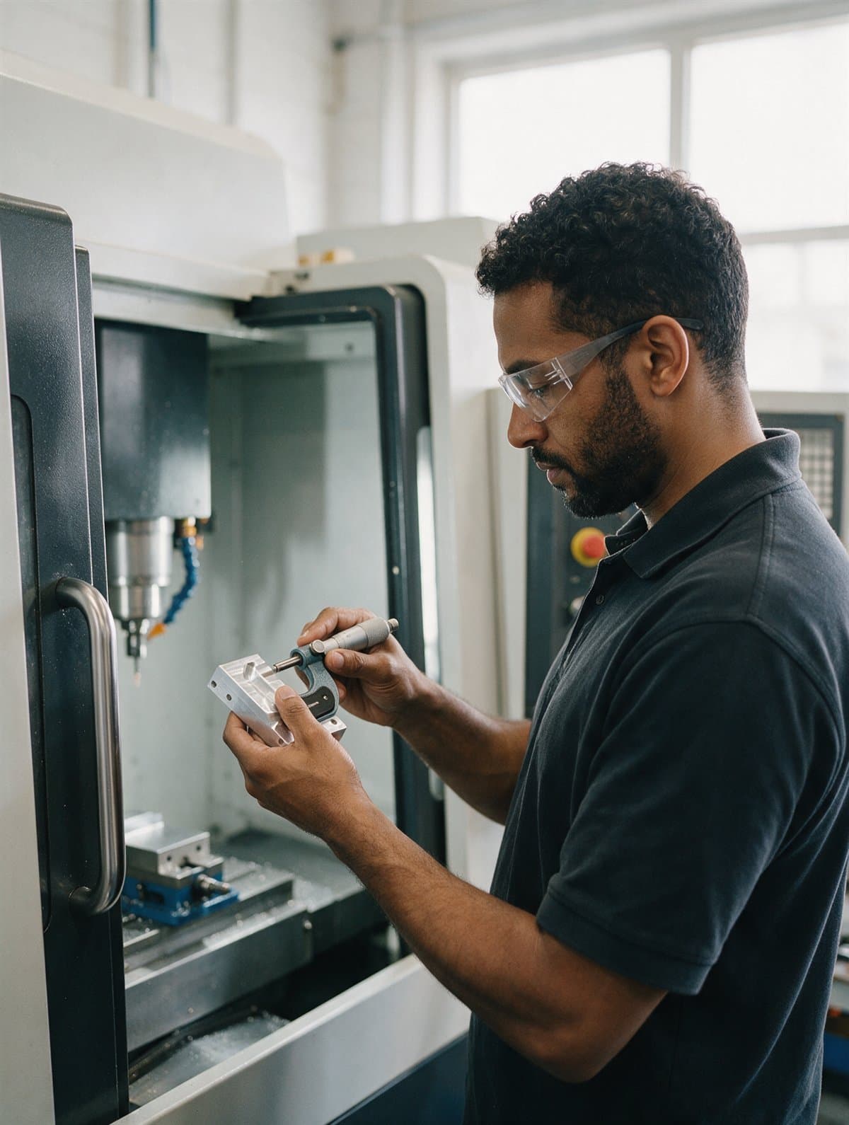 A CNC machinist measuring a finished part beside a mill