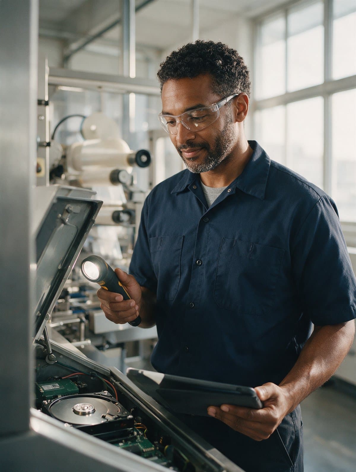 A maintenance technician inspecting a drive on a packaging line