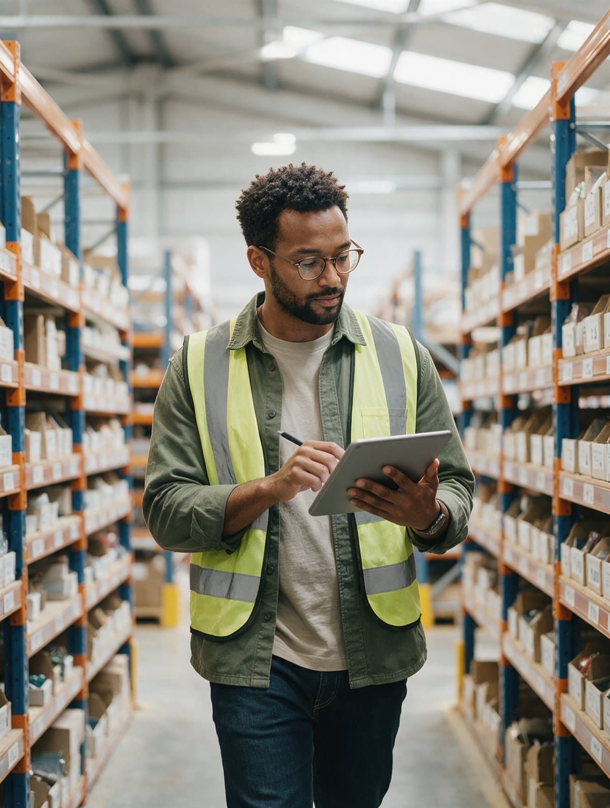 A materials planner checking stock counts in a warehouse aisle