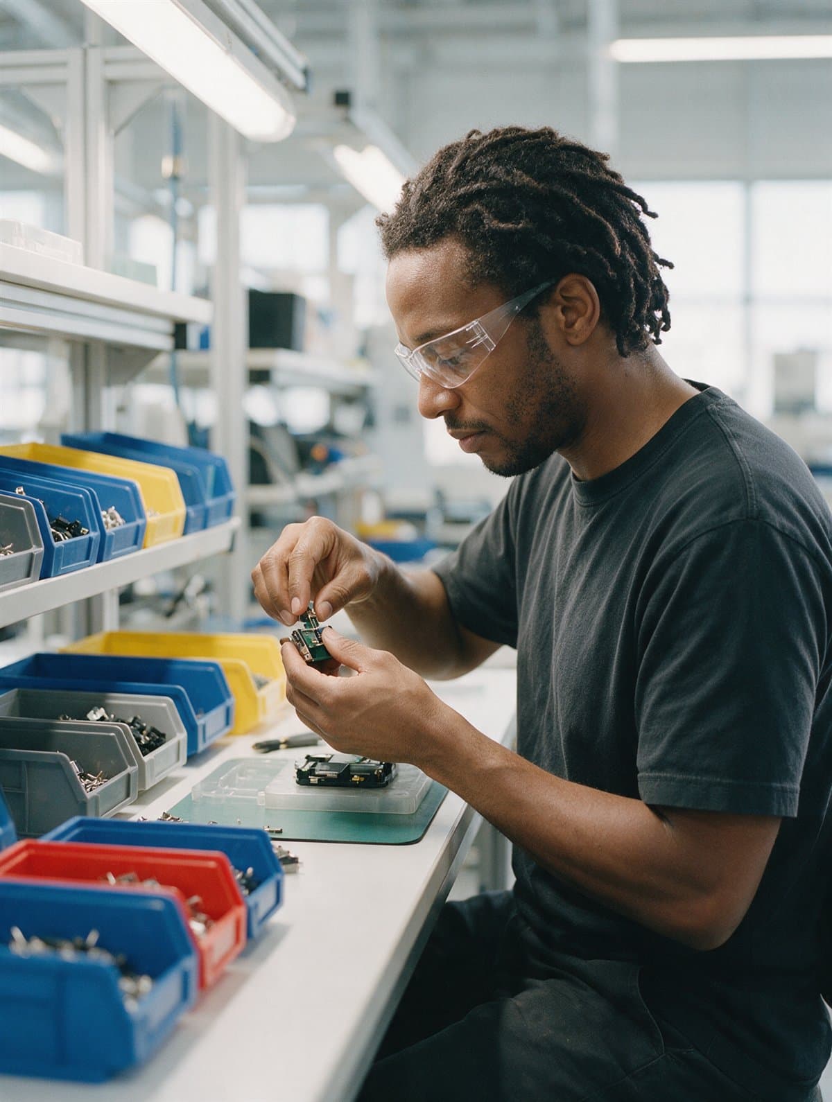 A production operator assembling a device at a clean workstation