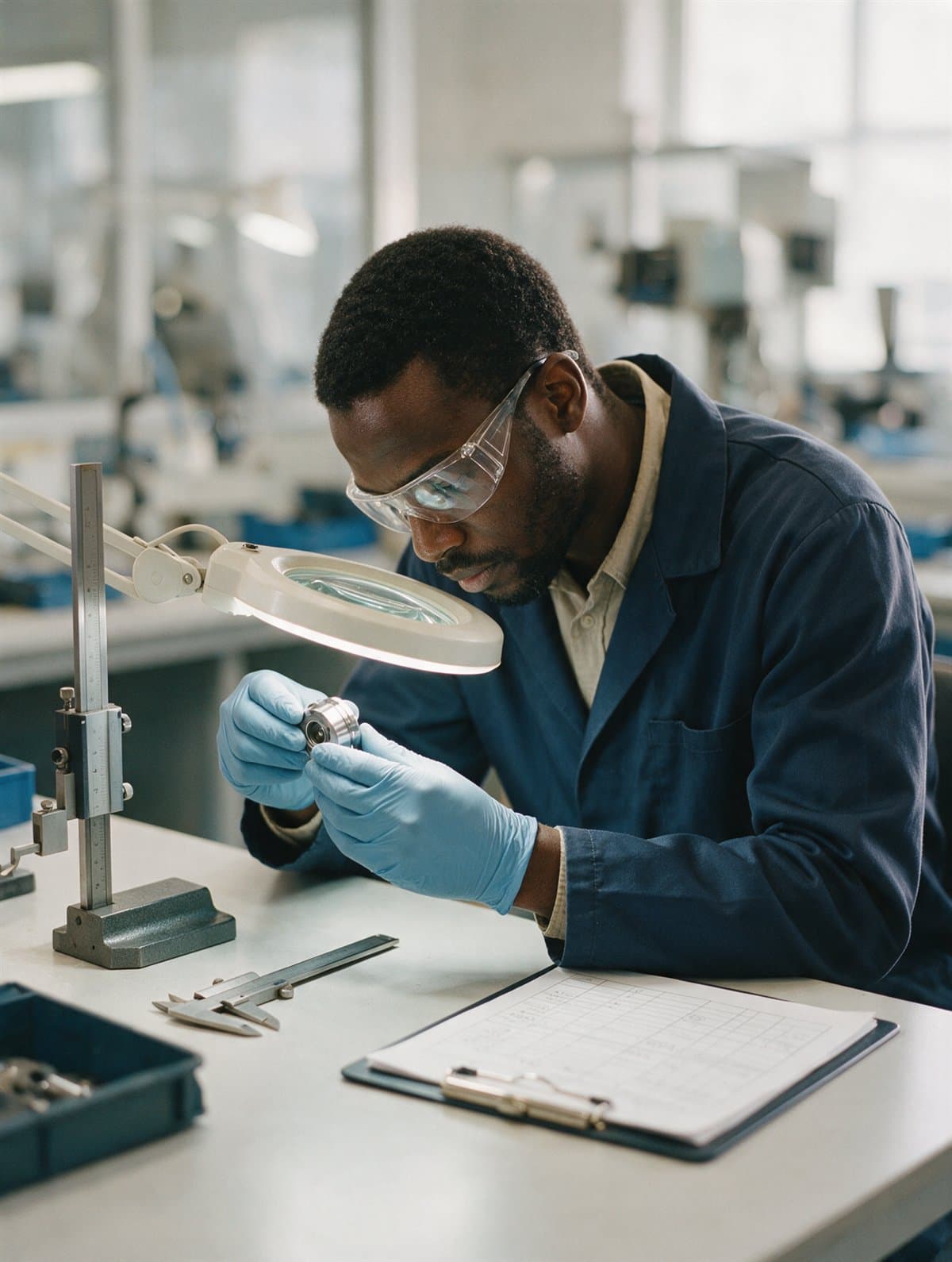 A quality inspector examining a part at an inspection bench