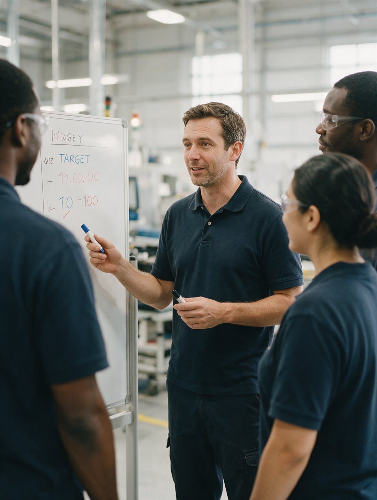 A production supervisor running a morning huddle at a whiteboard