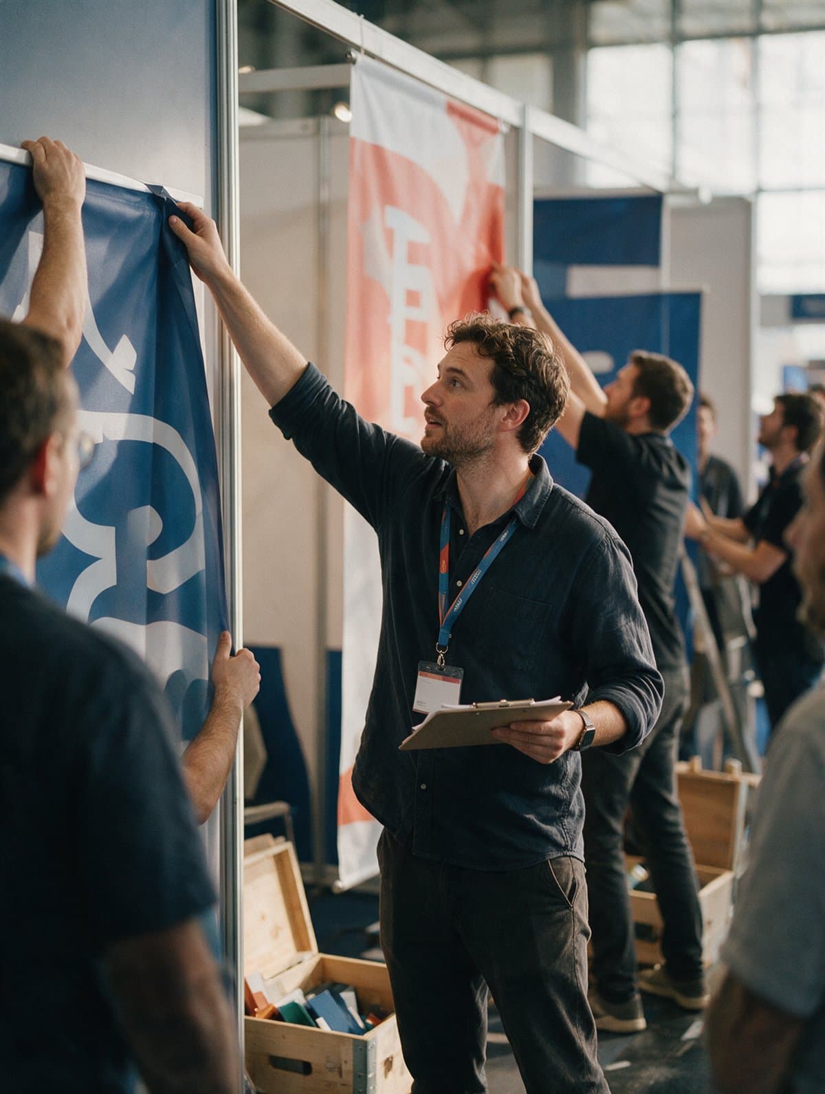An events marketer directing setup at a conference booth