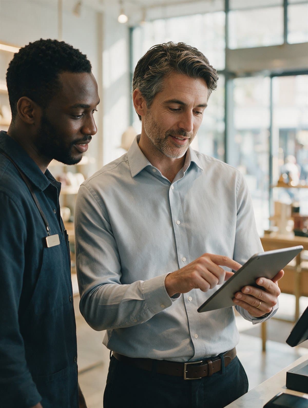 A store manager reviewing sales figures with an assistant manager