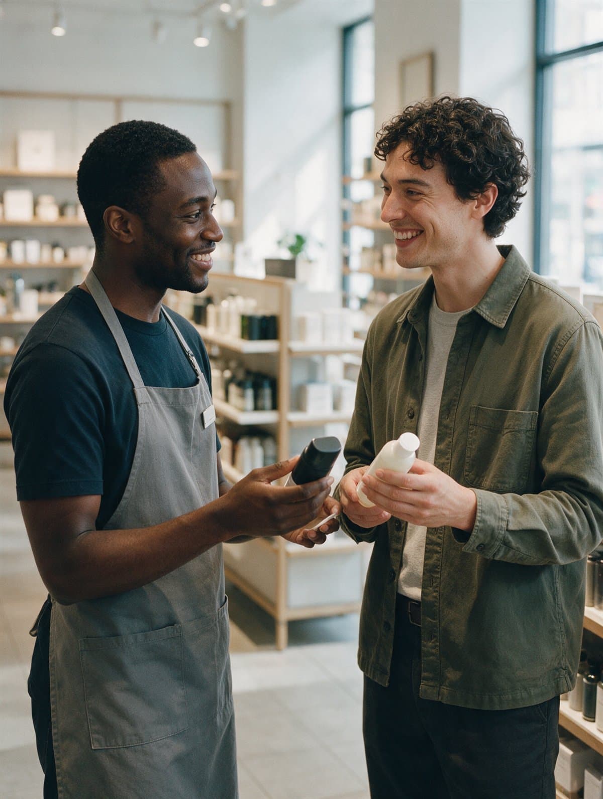 A sales associate helping a customer choose a product