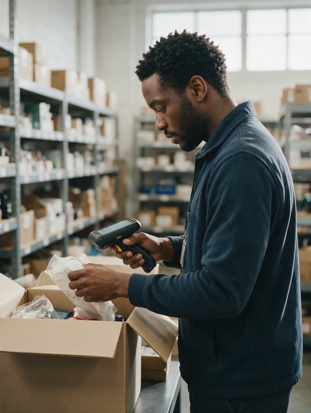 A stockroom associate scanning a delivery in the back room