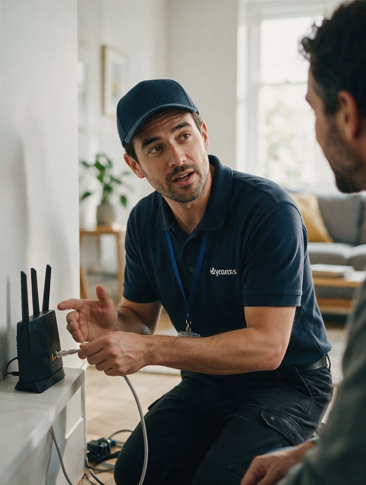 An installation technician connecting a router in a customer's home